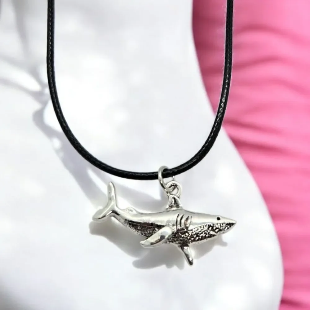 Silver Shark Pendant Nautical Ocean Necklace Black Corded Sea Creature Jewelry